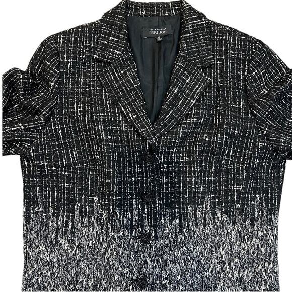 Rickie Freeman Teri Jon Tweed Black White Fringe wool blend Blazer Size 14 - Picture 11 of 16